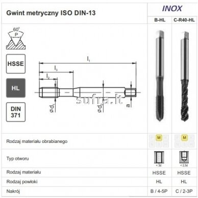 Mašininiai sriegikliai HSSE su HL danga, aklom skylėm, DIN-371/376 C R40, INOX HL 1