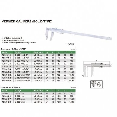 Slankmatis mechaninis su ilgomis apatinėmis matavimo žiaunomis, padalos vertė 0.05 mm 1