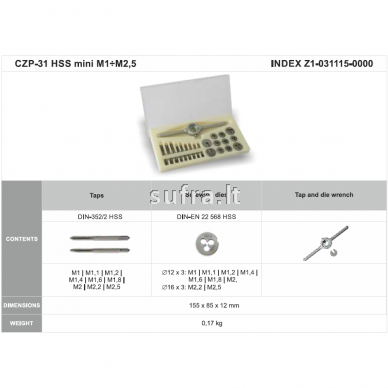 Sriegiklių ir sriegpjovių rinkinys M1-M2,5 HSS su laikikliais, CZP-31 mini 1